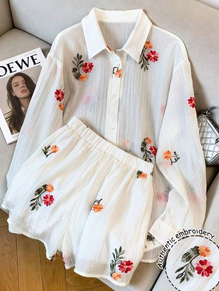 Franclia Women's Floral Embroidered Long Sleeve Button-Up Shirt And Shorts Casual 2-Piece Set | SHEIN