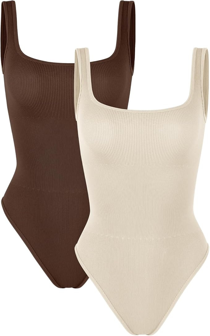 ODODOS 2 Pack Seamless Bodysuit for Women Ribbed Tank Top Sexy Sleeveless Bodysuits | Amazon (US)