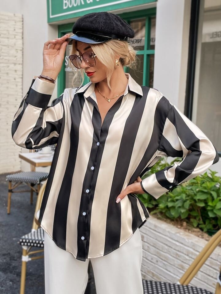 SHEIN Privé Striped Button Up Shirt | SHEIN