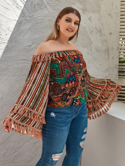 Plus Graphic And Striped Tassel Bardot Blouse | SHEIN