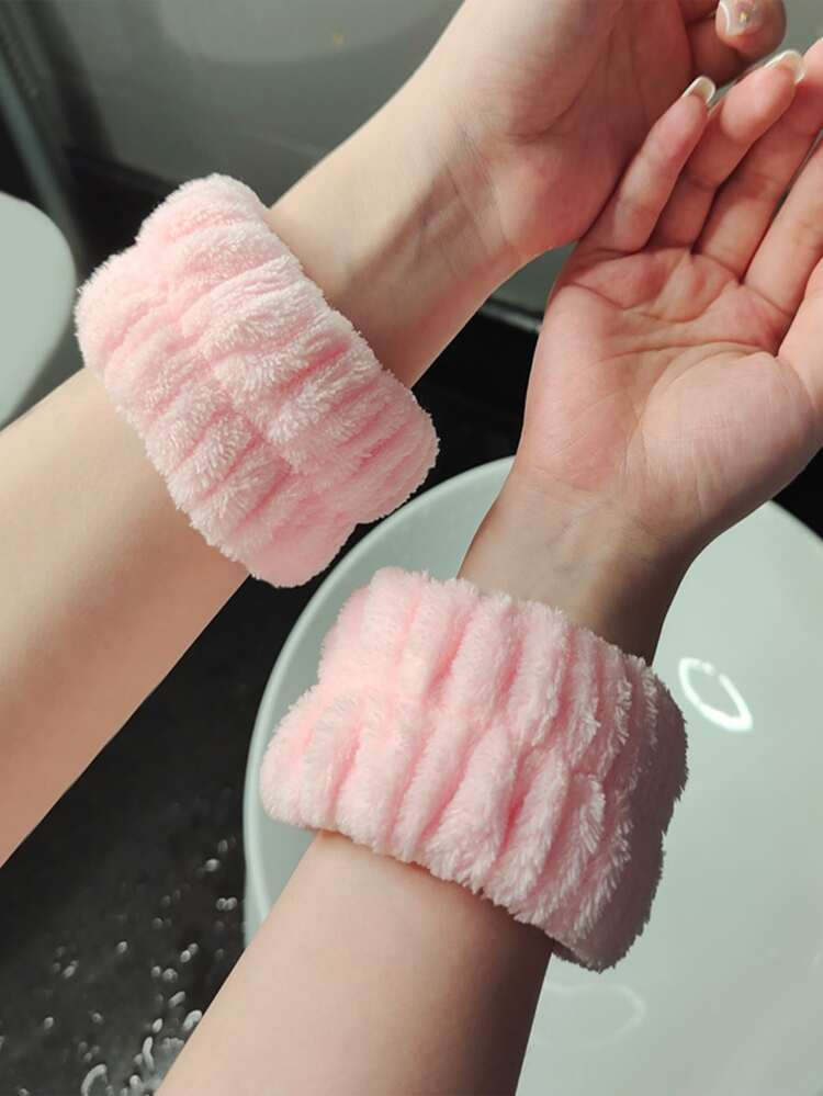 2pcs Solid Color Plush Wristband, Simple Pink Wristlet For Washing Face | SHEIN