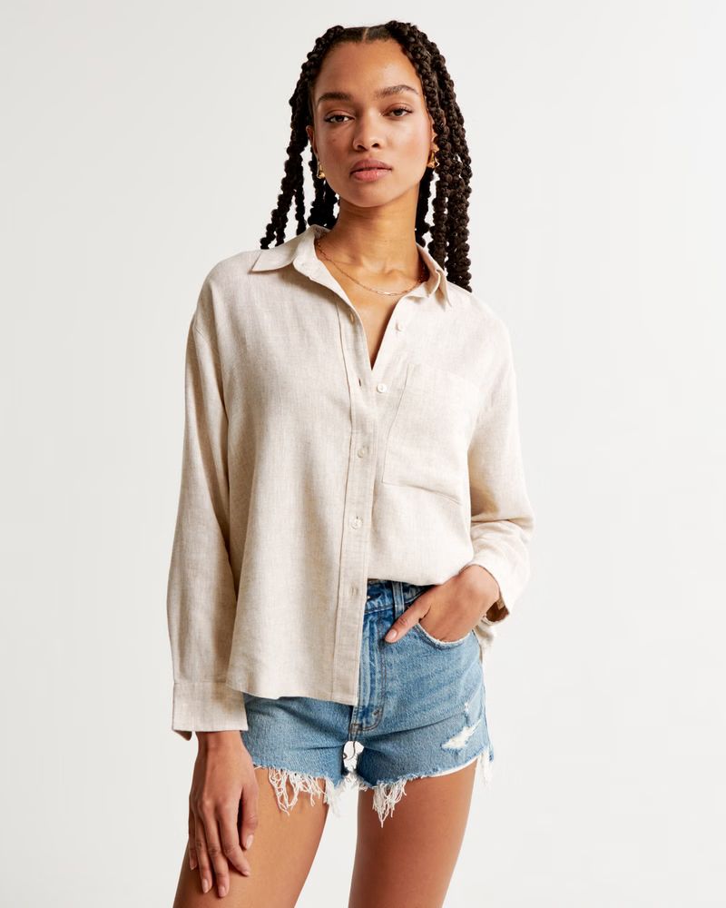 Women's Oversized Linen-Blend Step Hem Shirt | Women's Tops | Abercrombie.com | Abercrombie & Fitch (US)