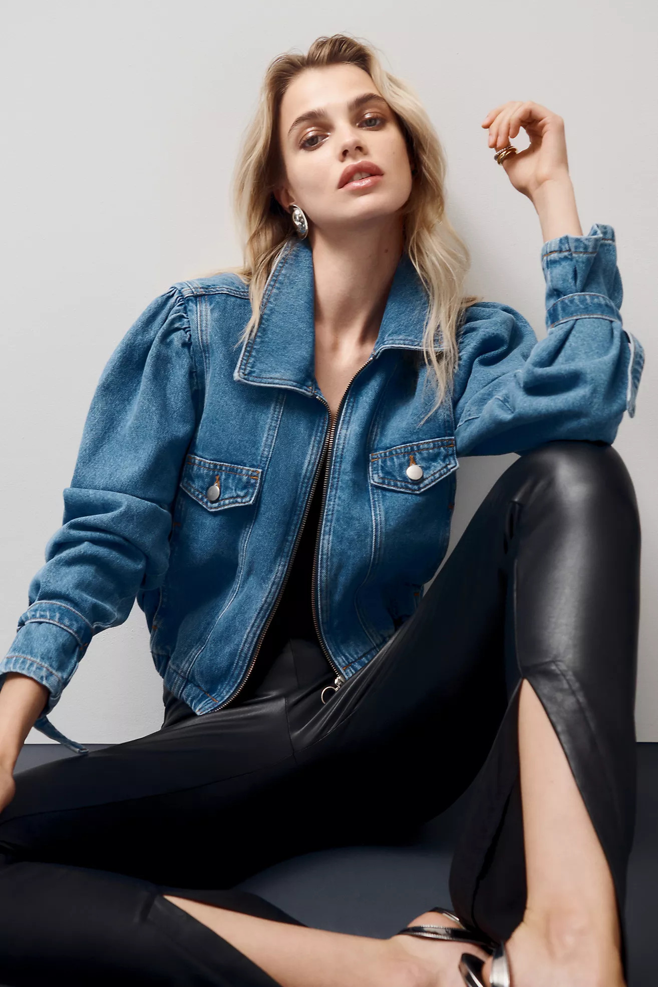 Maeve Puff-Sleeve Denim Bomber Jacket | Anthropologie (US)