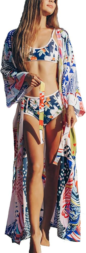 Bsubseach Womens Chiffon/Rayon Beach Blouses Kimono Cardigan Long Bikini Cover Up | Amazon (US)