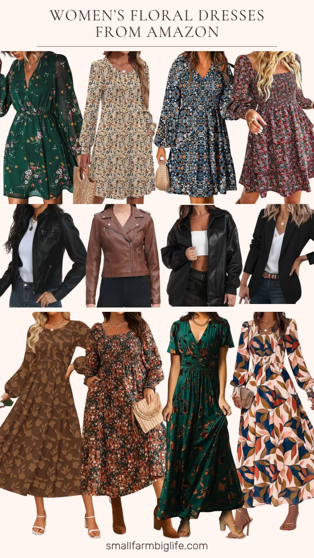 Women's Floral Dresses & Jackets from Amazon — the perfect mix of feminine and edgy style! 🌸 Pair floral dresses with a leather motorcycle jacket, bomber jacket, or a tailored blazer for a chic layered look that transitions effortlessly from day to night. Perfect for fall outings, brunch dates, or weekend adventures! 

 #LTKOver40 #LTKFindsUnder50 #LTKStyleTip
