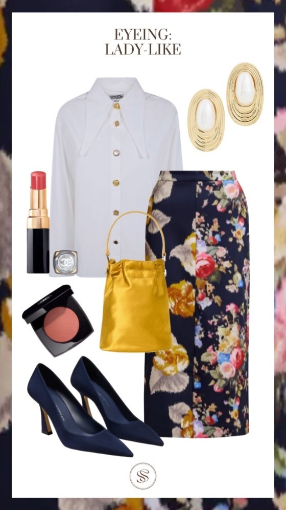Feminine style
Floral skirt
Button down
Navy pumps 