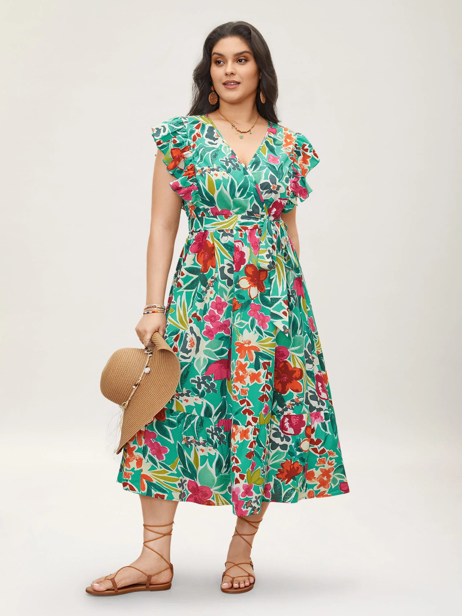 Floral Wrap Patchwork Ruffle Cap Sleeve Dress | Bloomchic