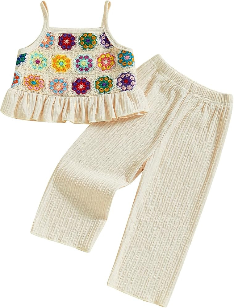 VISGOGO Baby Girl Outfits Toddler Girls Summer Clothes Crochet Flowers Camisole and Pants Set | Amazon (US)