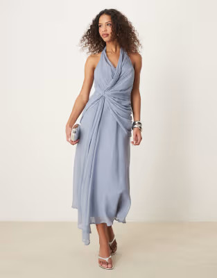 ASOS DESIGN halter plunge midi dress with drape detail in dusky blue | ASOS (Global)