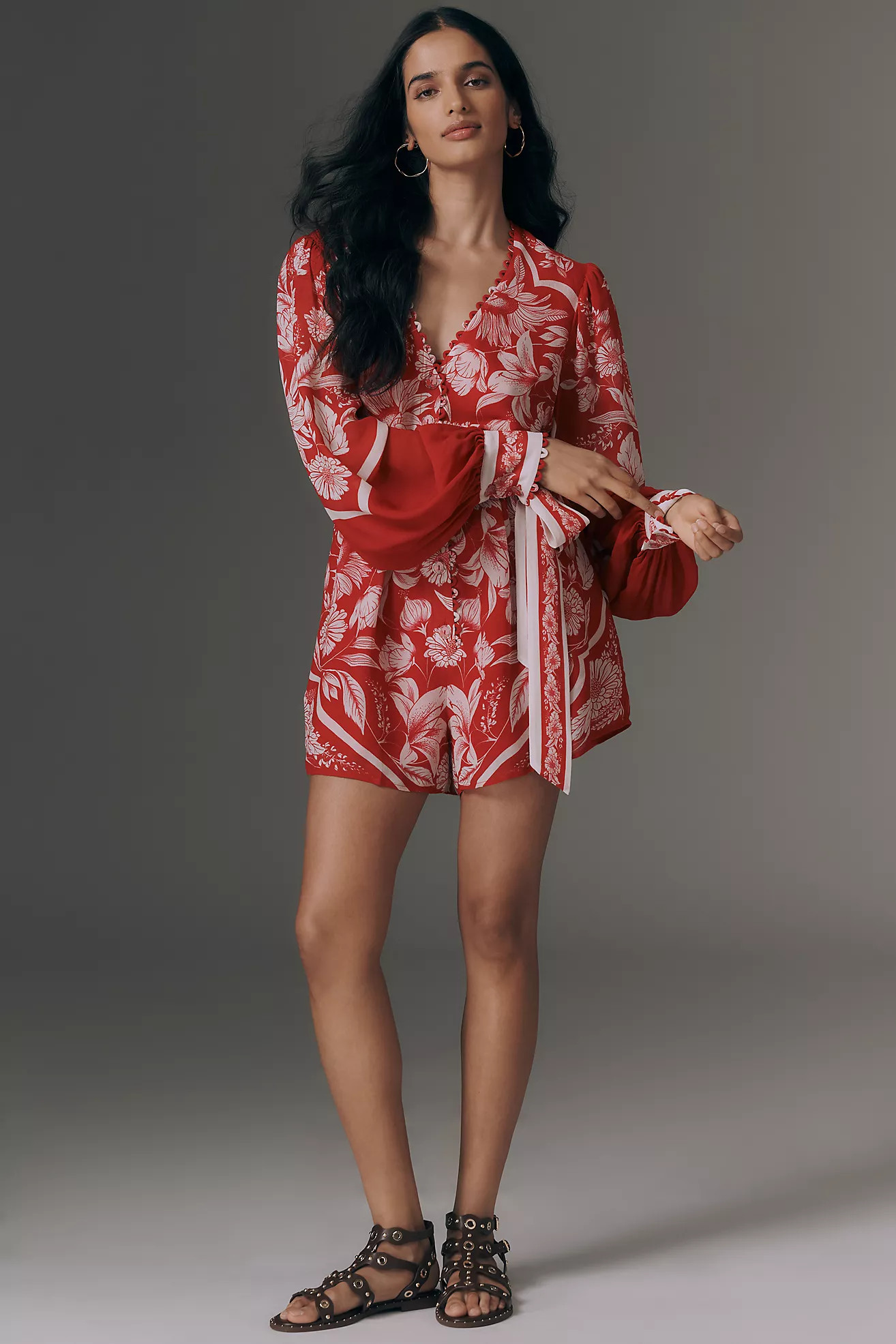 Anthropologie x Farm Rio Belted V-Neck Balloon-Sleeve Romper | Anthropologie (US)