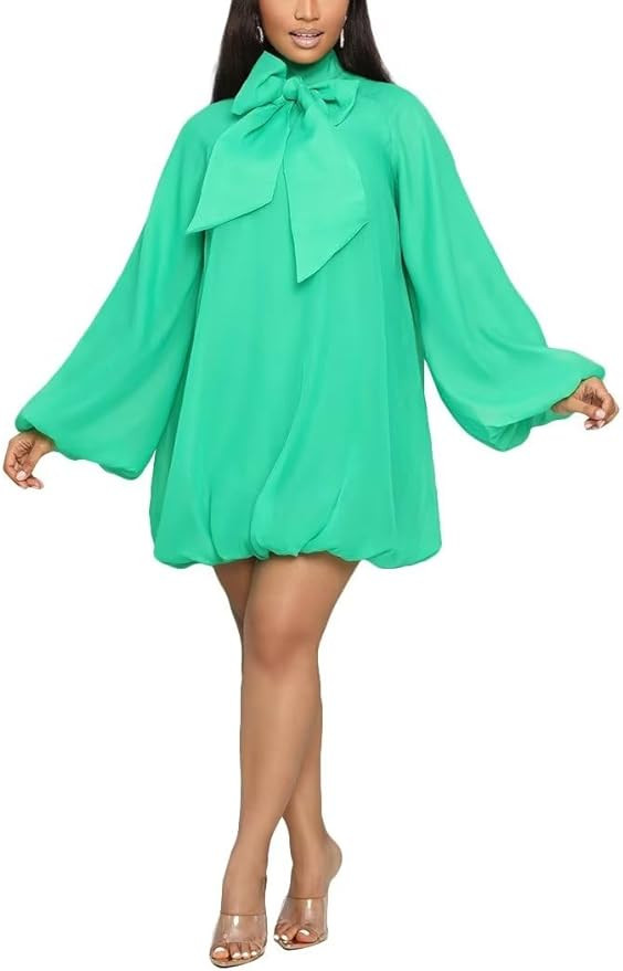 Yanfoam Women's Puff Long Sleeve Sweetheart Round Neck Dress Flowy Loose Chiffon for Cocktail Par... | Amazon (US)