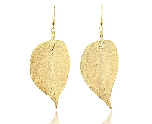 Gold Real Leaf Earrings for Women. Flawless Quality Fashion Drop Dangle Earrings. 14K Gold Plated... | Amazon (US)