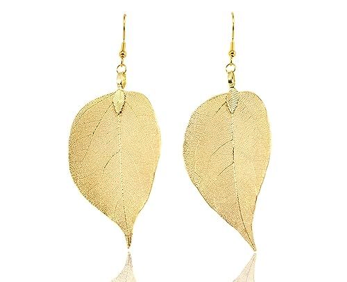 Gold Real Leaf Earrings for Women. Flawless Quality Fashion Drop Dangle Earrings. 14K Gold Plated... | Amazon (US)