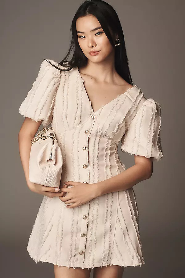 Puff-Sleeve Button-Front Textured Mini Dress | Anthropologie (US)