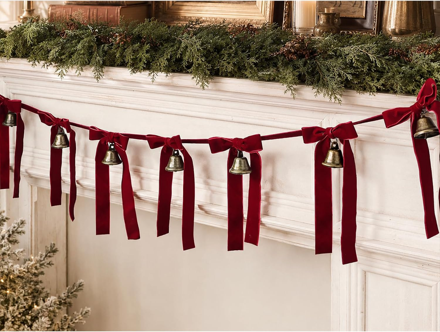 Christmas Decorations: 6.5Ft Christmas Velvet Bow Garland, Vintage Christmas Decor with Red Velvet Ribbons, Retro Bells and Classic Bow Garland for Mantle, Fireplace, Cabinet, Wall, Door, Window | Amazon (US)