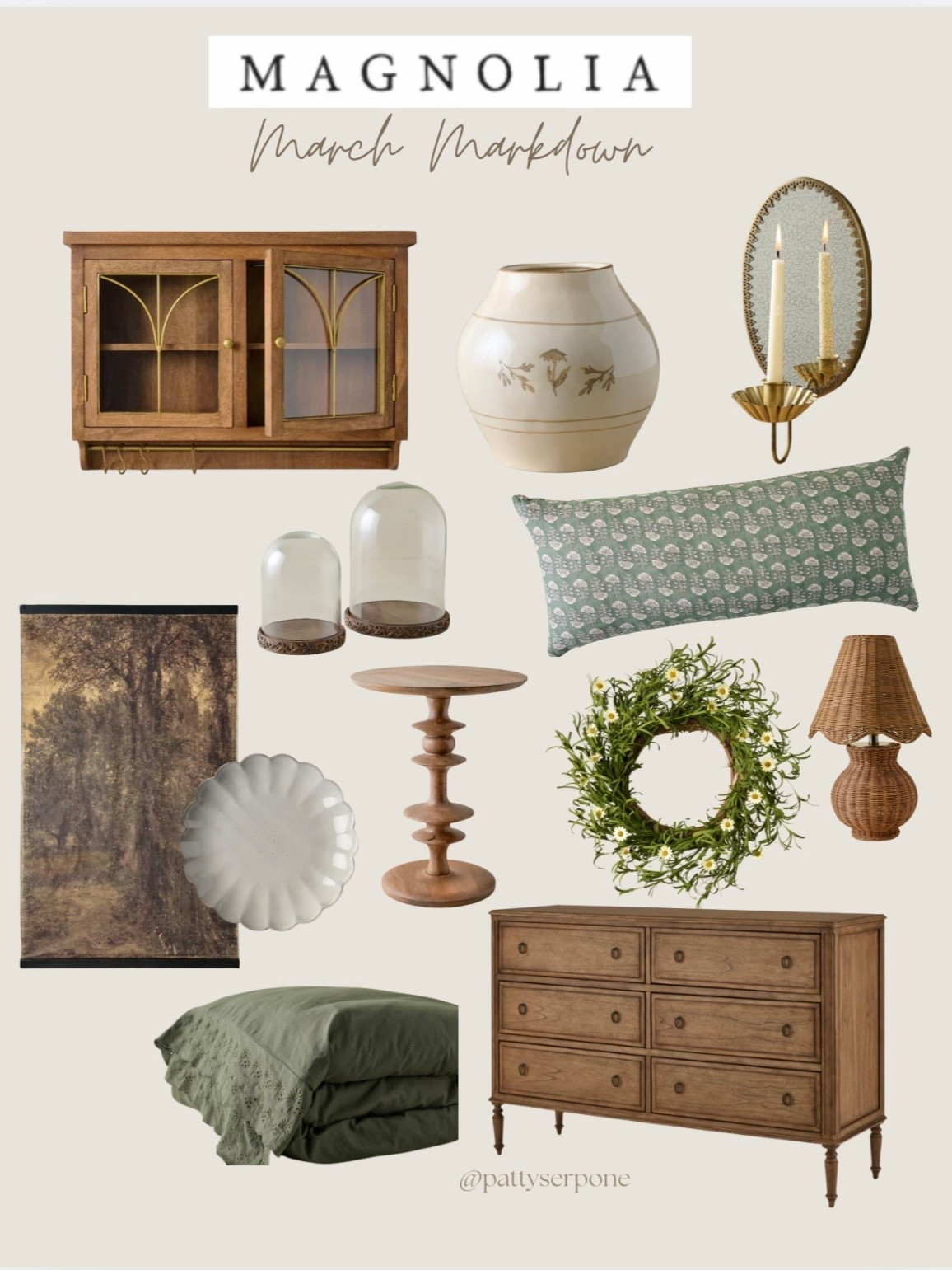 Magnolia favorites that are on sale. Toss pillow, wood cabinet vase candle, sconces, tapestry accent table, Woodburrow wood lamp, spring wreath, decor pieces, woven lamp

#LTKHome #LTKSaleAlert