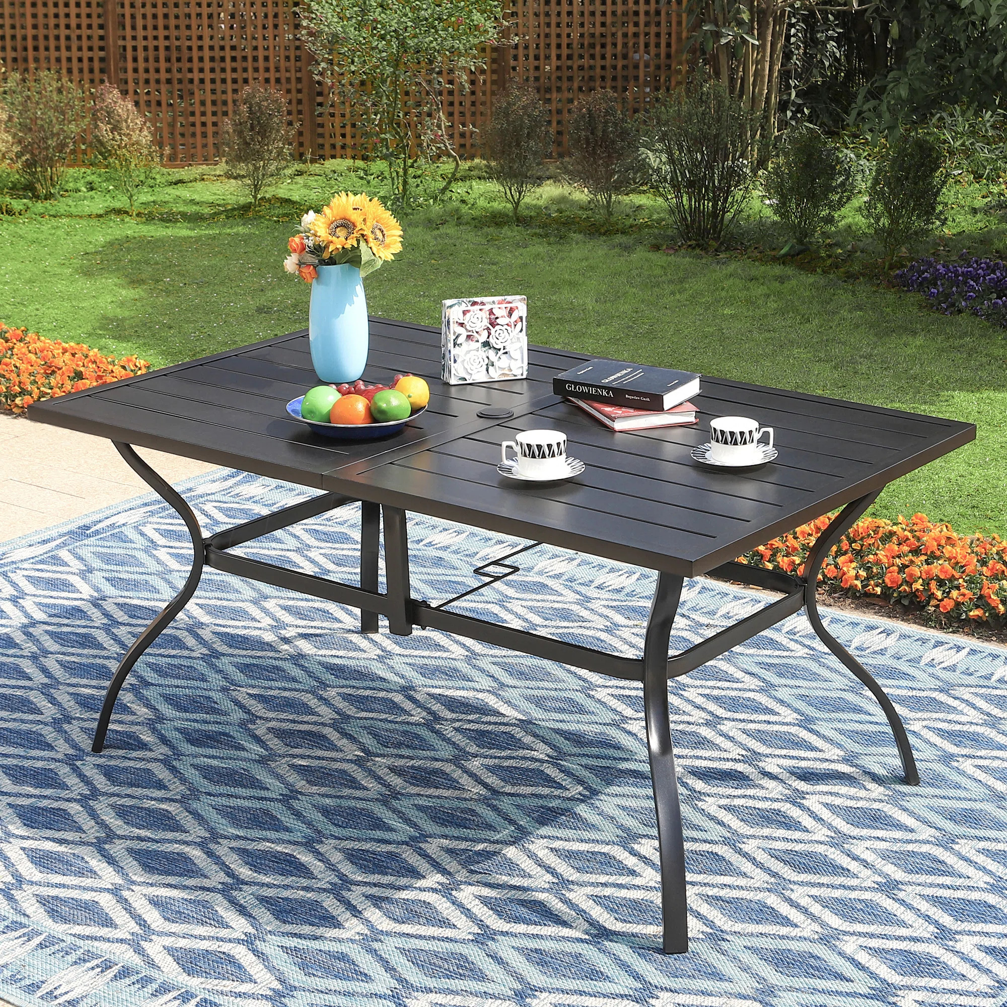 Birmadevi Powder-coated Metal Frame Black Rectangular Outdoor Patio Dining Table with Umbrella Ho... | Wayfair North America