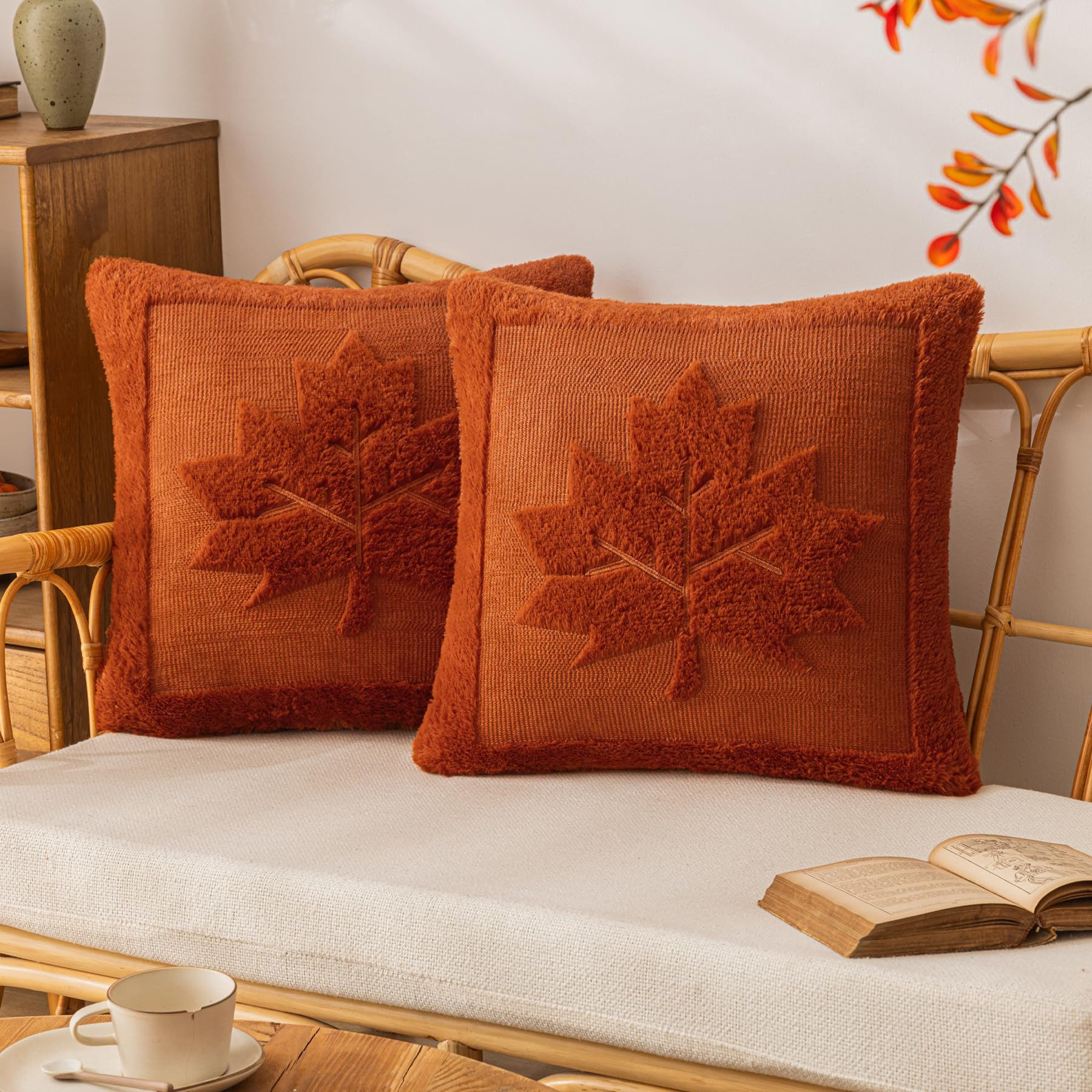 Maple Leaf Fall Pillow Covers 18"x18" Set of 2 Caramel Embroidered Faux Fur Throw Pillow Covers S... | Amazon (US)