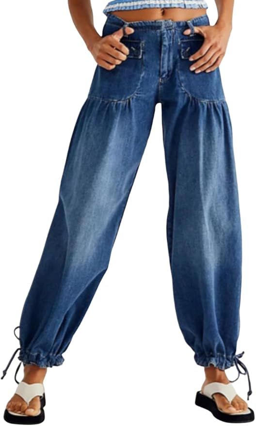 Women's Casual Mid Waist Cargo Jeans Stretch Parachute Denim Pants with Pockets | Amazon (US)