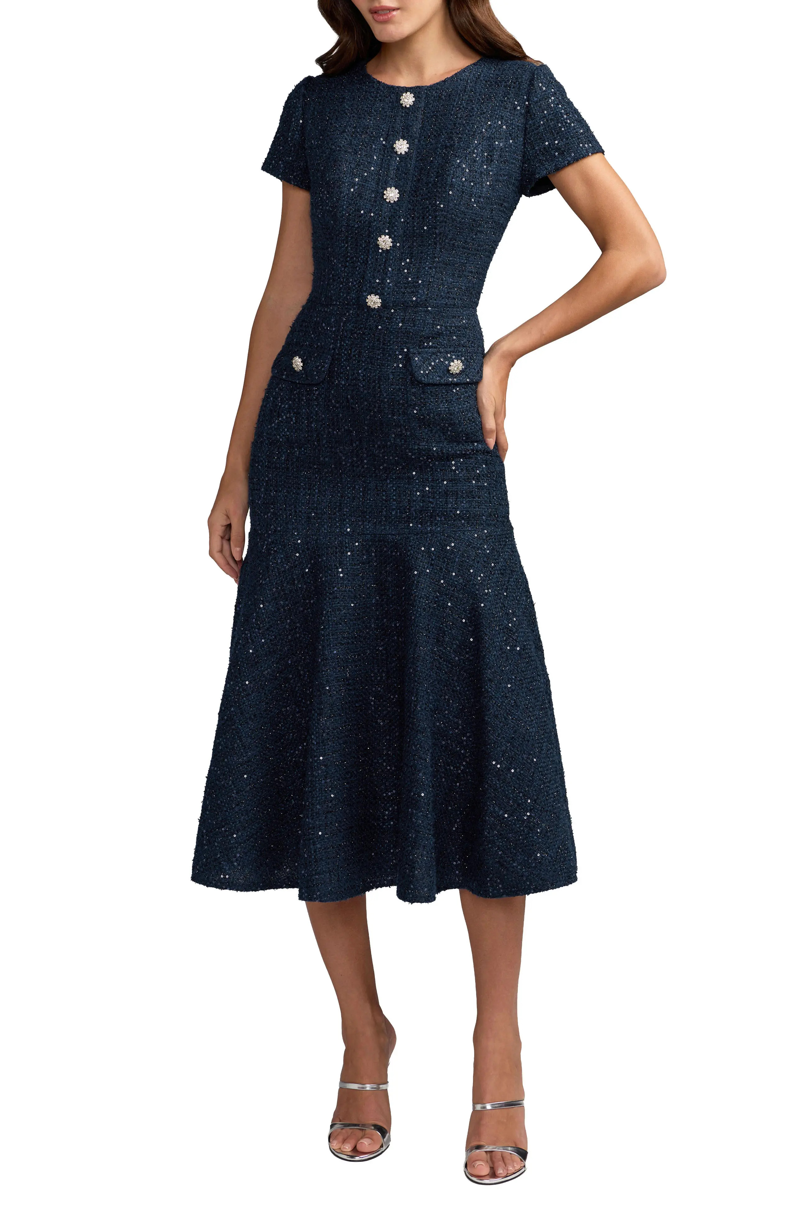 Mac Duggal Women's Sequin Tweed Short Sleeve A-Line Midi Dress (Women) | Nordstrom | Nordstrom
