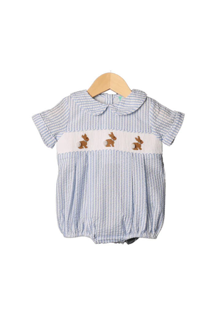 Smocked Seersucker Blue Bunny BOY Bubble | The Smocked Flamingo