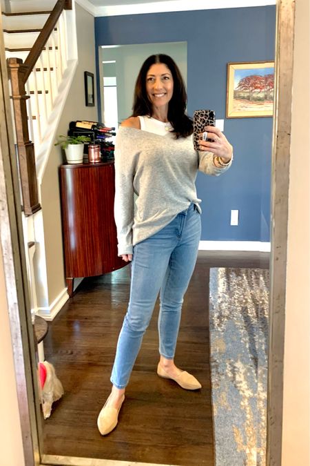 Oversized sweater and straight leg jeans OOTD. Gap oversized v neck sweater, size small. Long enough to wear with leggings  Old Navy high waist straight leg jeans, size 4. Target racerback tank, size medium. I own this $8 tank in so many colors!  Steve Madden nude suede loafers. 

#LTKshoecrush #LTKstyletip #LTKunder100