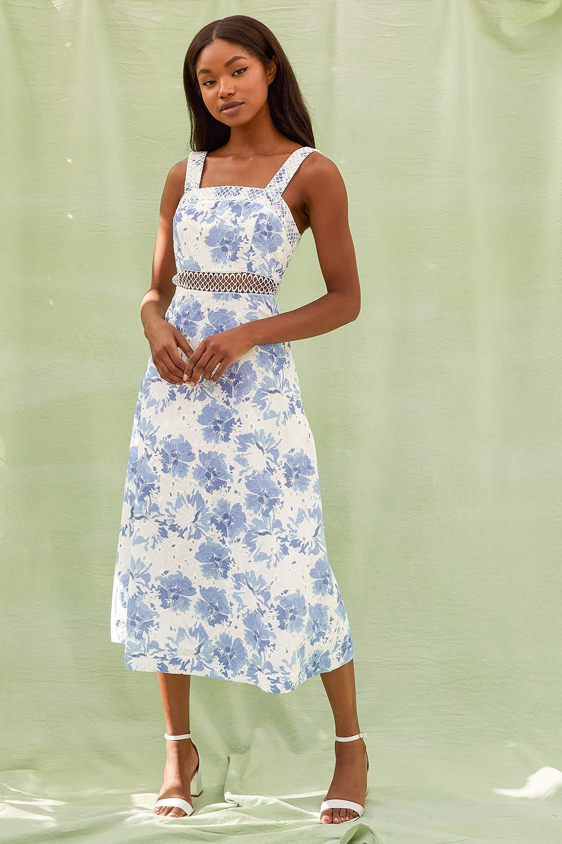 See the World Blue and White Floral Print Midi Dress | Lulus (US)