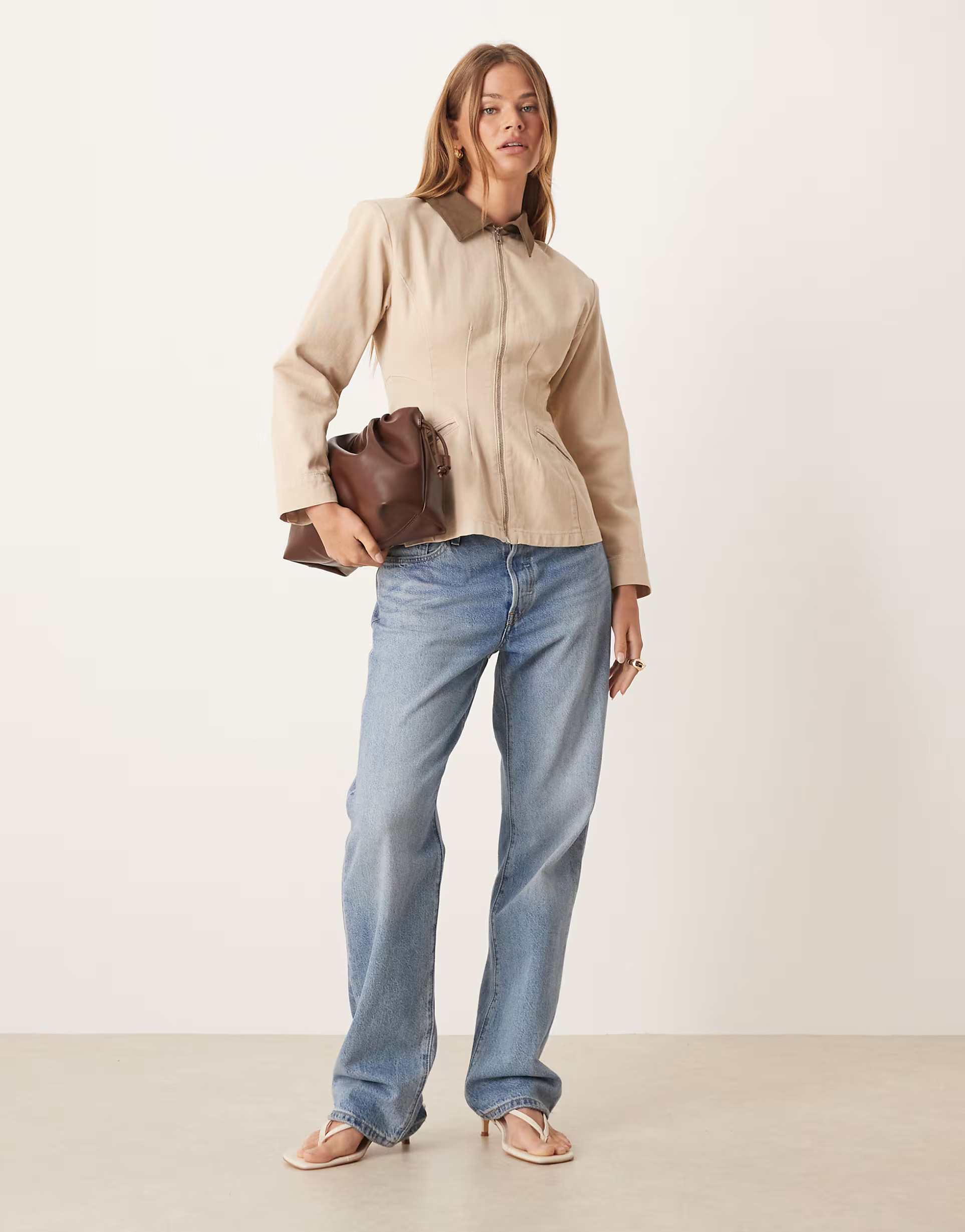 ASOS DESIGN denim cinched barn jacket in stone | ASOS | ASOS (Global)