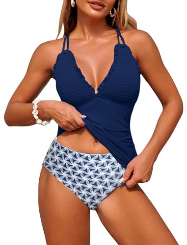 Amazon.com: ZAFUL Tankini Swimsuits for Women Smocked Two Piece Tankinis Modest Tummy Control Bat... | Amazon (US)