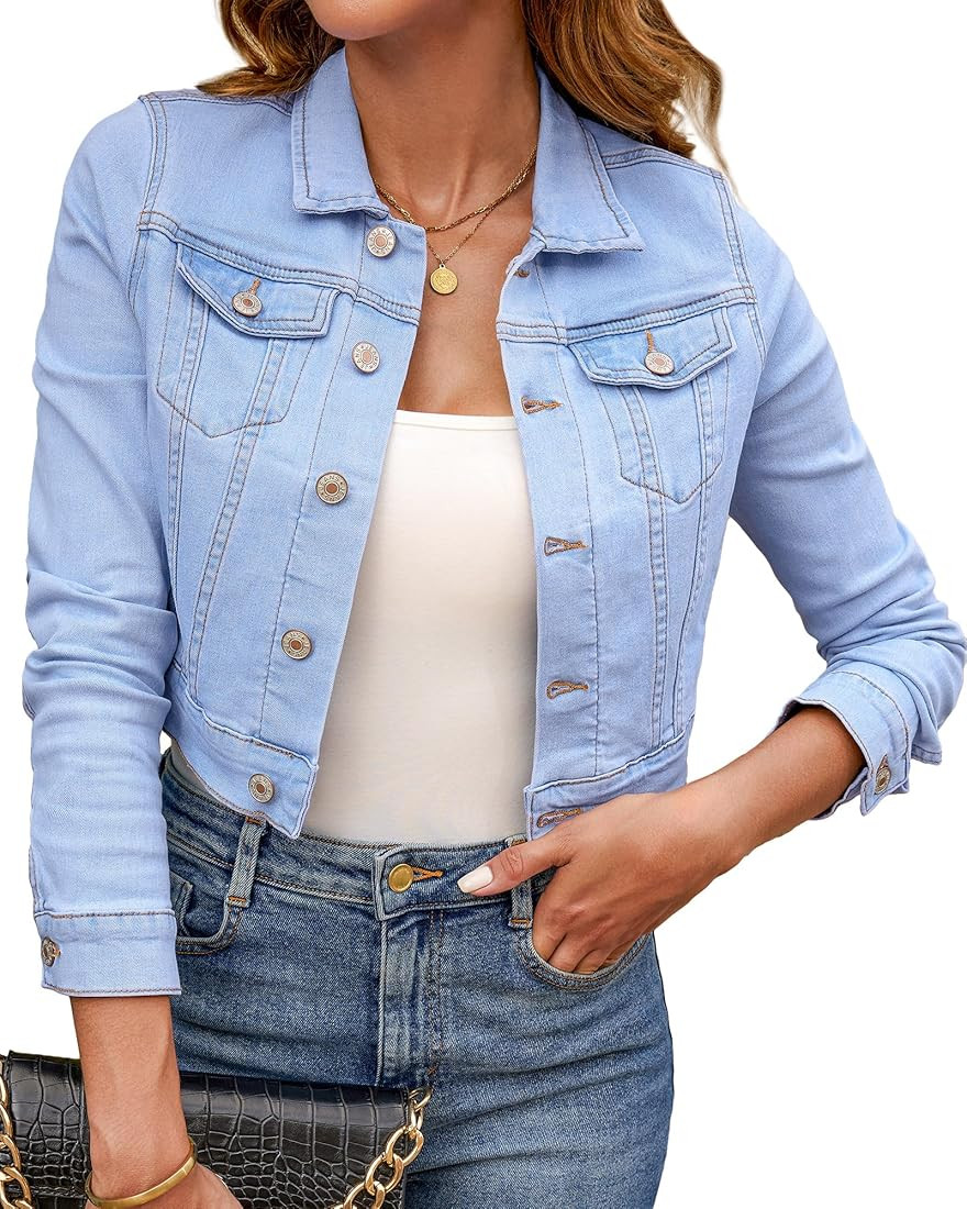 luvamia 2023 Cropped Jean Jackets for Women Fashion Short Denim Shacket Jacket Lightweight Fitted... | Amazon (US)