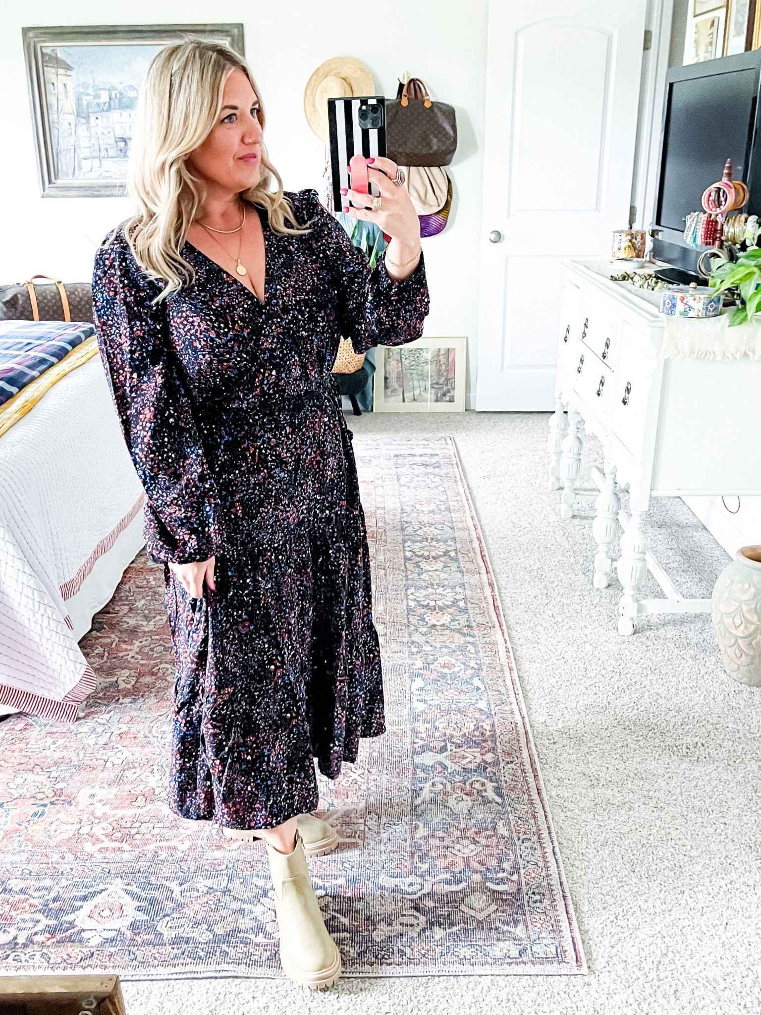 Love the abstract print/floral inspired dress and lug sole chelsea boots on Walmart! #walmartpartner #iywyk #walmartfinds Fall finds for home and wardrobe on Walmart.

#LTKover40 #LTKhome #LTKmidsize