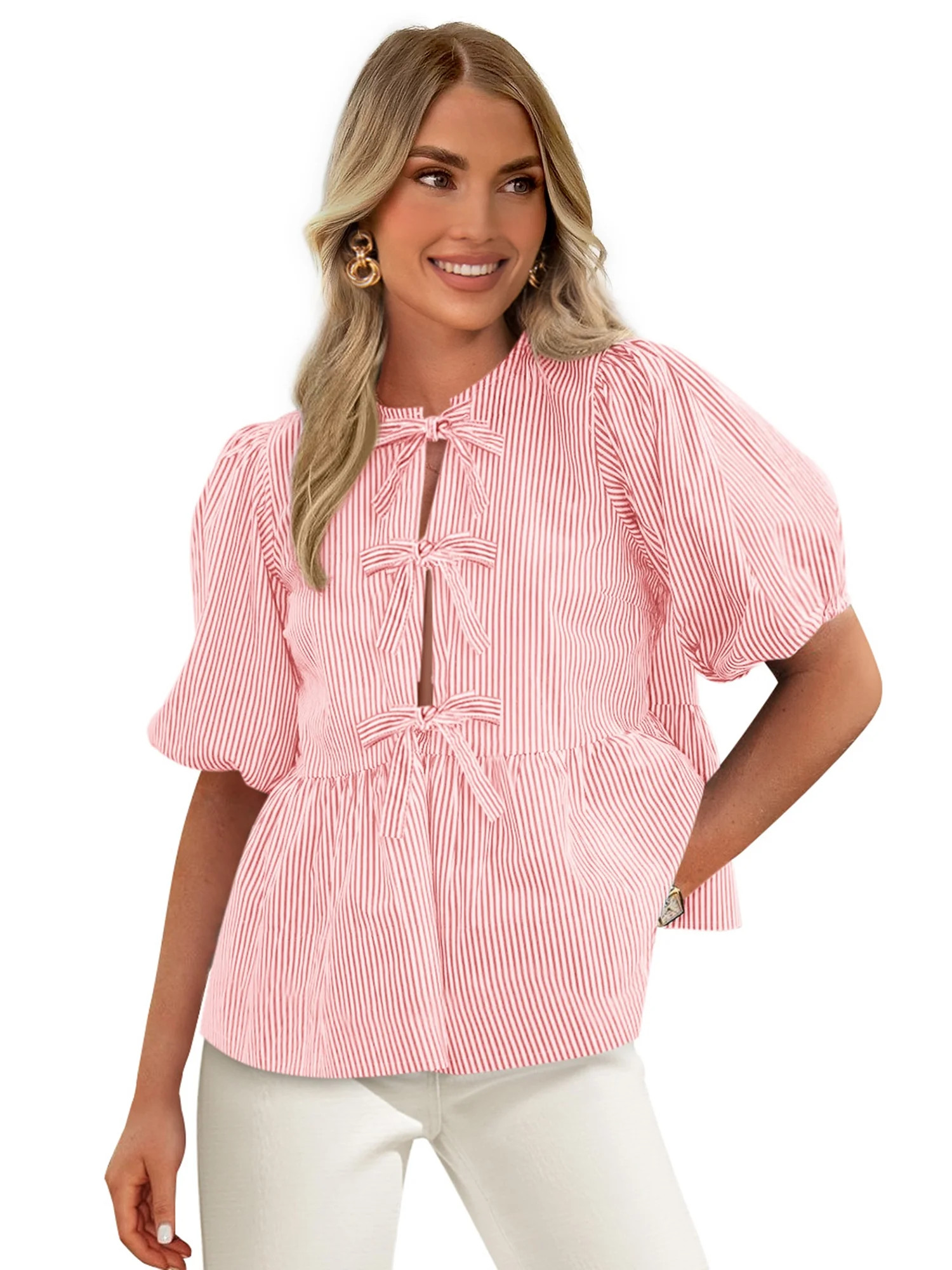 PRETTYGARDEN Women's Bow Front Top with Puff Sleeves, Sizes S-XXL | Walmart (US)