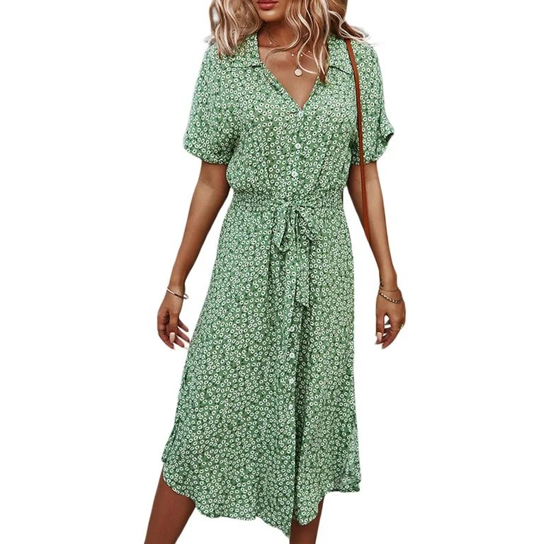 Spring hue Women's Button Midi Dress, Short Sleeve Floral Print Shirt Dress | Walmart (US)