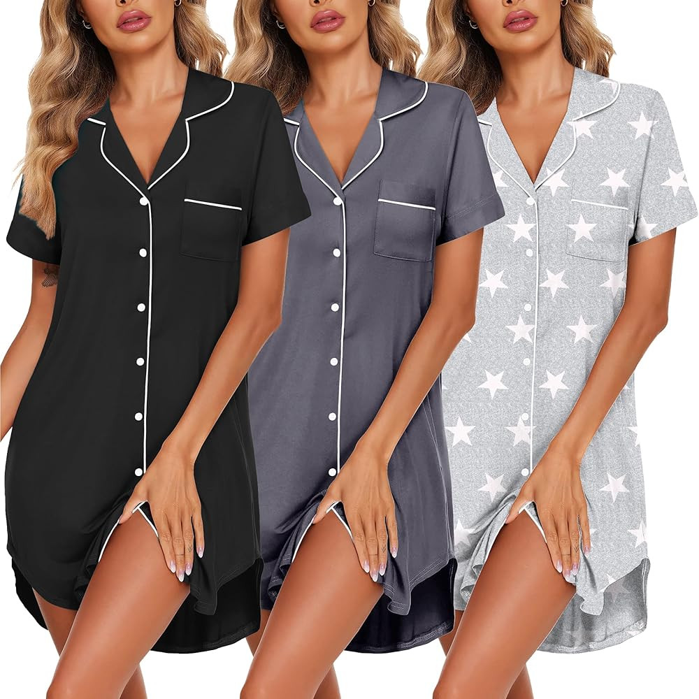 Ekouaer 3 Pack Women's Nightgown Button Down Sleepshirts Short Sleeve Nightshirts for Women Sleep... | Amazon (US)