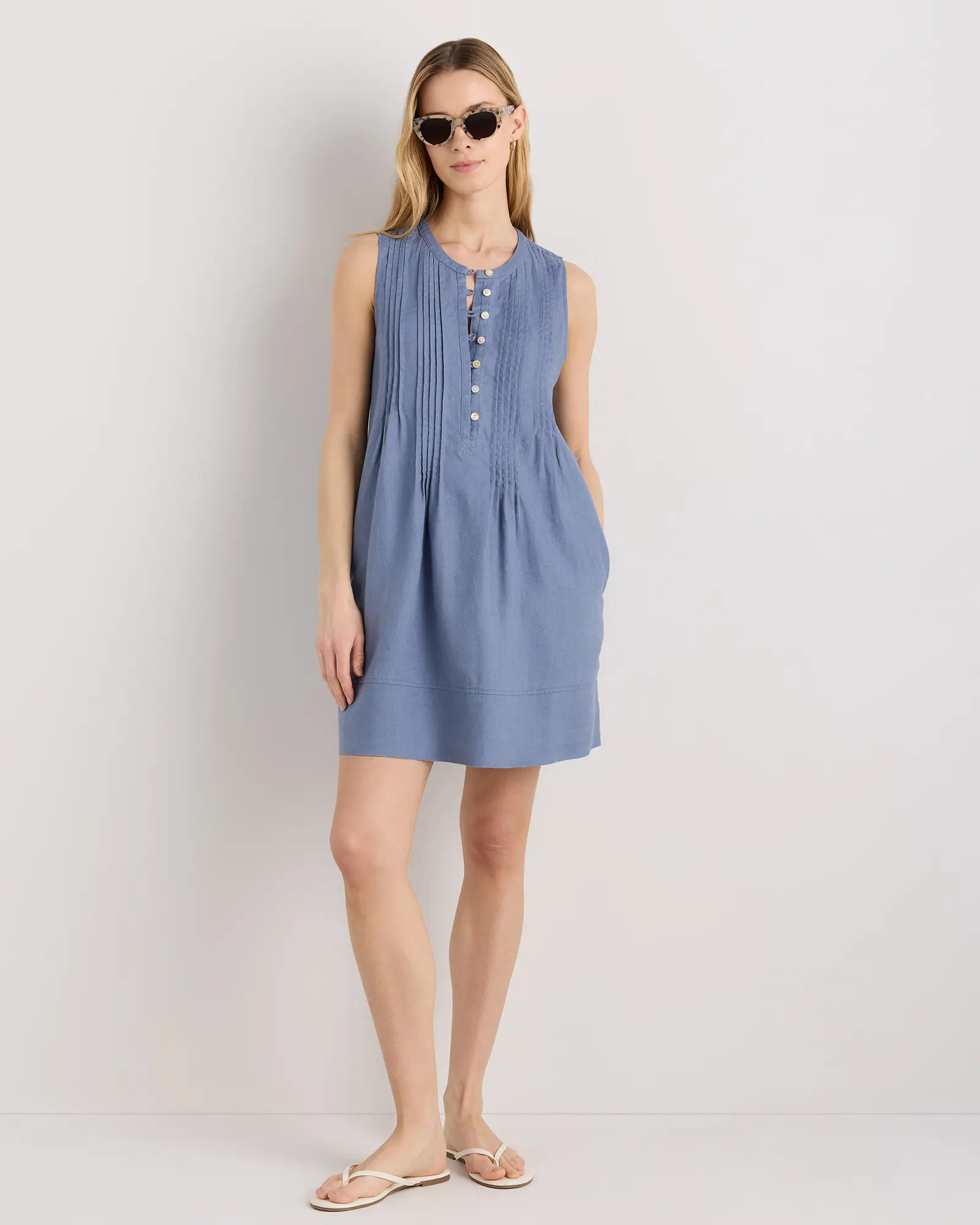 100% European Linen Sleeveless Swing Dress in Moonstone Blue | Quince