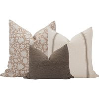 Neutral Pillow Cover Set Block Print Combo Muted Brown Floral Farmhouse Pillows Spring Modern | Etsy (US)