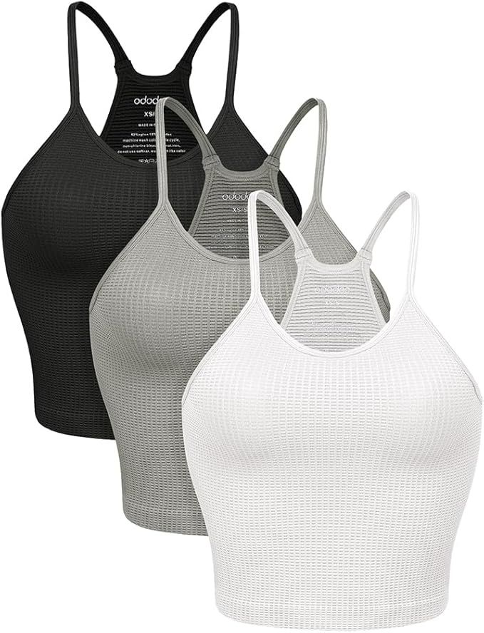 ODODOS Women's Crop 3-Pack Waffle Knit Seamless Camisole Cropped Tank Tops | Amazon (US)