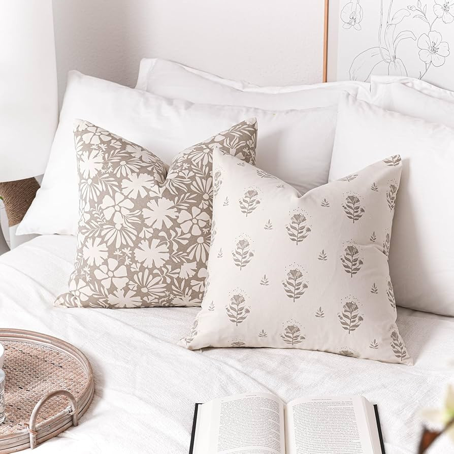 Taupe Decorative Throw Pillow Cover 18x18 Set of 2, Farmhouse Neutral Floral Cotton Accent Throw ... | Amazon (US)