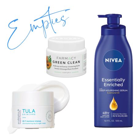 Empties: 
(Products I used down to the last drop and will be purchasing again) 
1. Farmacy Beauty Green Clean - cleansing balm 
2. Nivea Essentially Enhanced Lotion
3. Tula 24/7 Moisture Intense - Code: KristinRose



#LTKbeauty