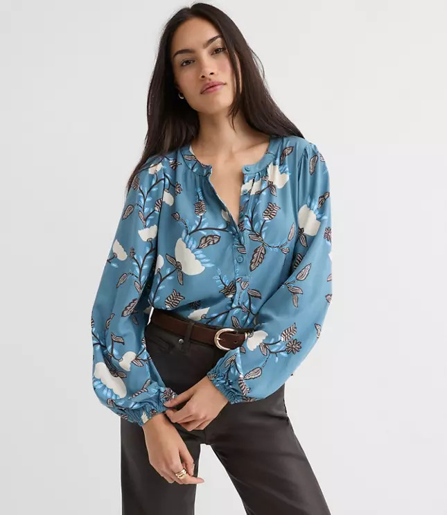 Garland Shirred Henley Blouse | LOFT