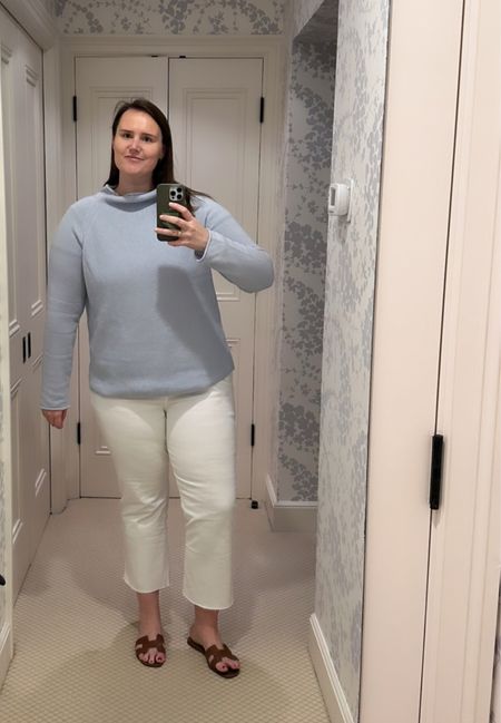 My travel outfit for today. 
My favorite Alice Walk Cashmere Sweater (currently on sale) in size XL. Gap white jeans and tan Oran sandals from Hermes  

#LTKSeasonal #LTKcurves