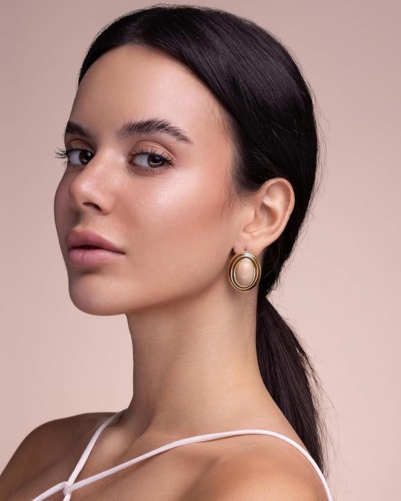 Large Chunky Brown Beige Tan 18K gold plated Round Oval Button Stud Enamel Statement Earrings for... | Amazon (US)