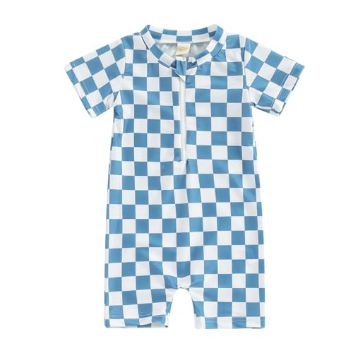 KtwHarnu Toddler Baby Boy Girl Swimsuit Checkered One Piece Swimwear Short Sleeve Zipper Rash Guard Beach Bathing Suit (Blue, 12-18 Months) | Amazon (US)