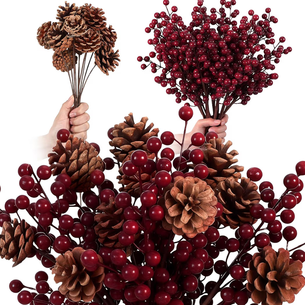12 Burgundy Holly Berry Stem Picks 12 Pine Cone Decoration Picks Christmas Decorations Pick Artif... | Amazon (US)