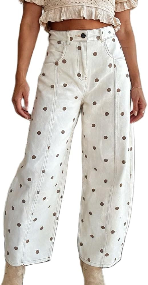 XBTCLXEBCO Polka Dot Jeans Women Y2K Print High Waisted Wide Leg Denim Pants Vintage Stretchy Boy... | Amazon (US)