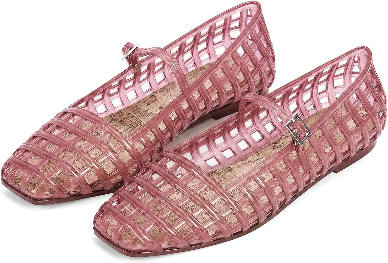 Jelly Mesh Ballet Flats for Women Hollow Square Toe Jelly Sandals Beach Ballerina Flats Summer Cu... | Amazon (US)