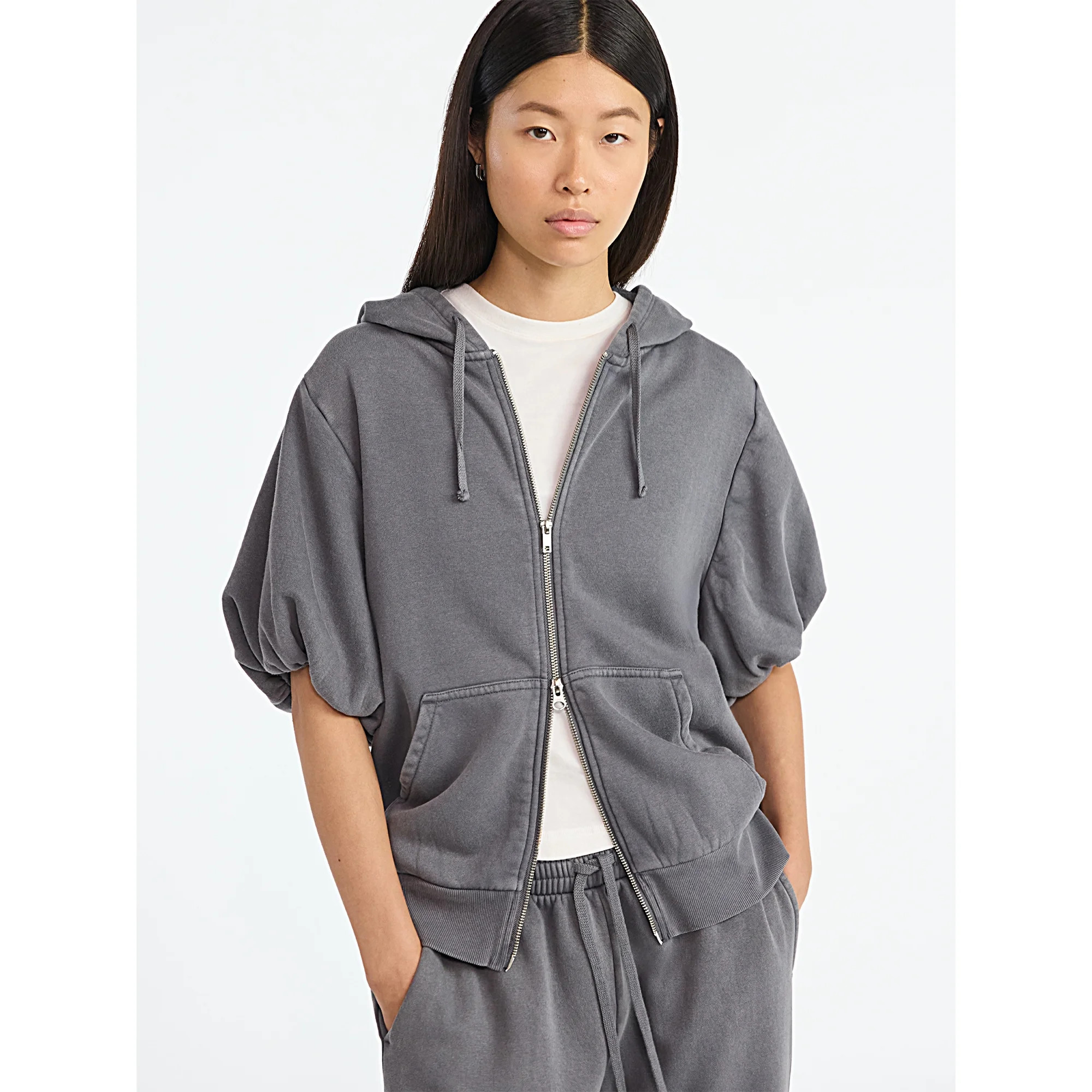 Scoop Women’s Mineral Washed Zip Hoodie with Short Puff Sleeves, Sizes XS-XXL | Walmart (US)