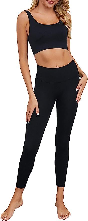 OLCHEE Women's 2 Piece Tracksuit Workout Outfits - Seamless High Waist Leggings and Stretch Sport... | Amazon (US)