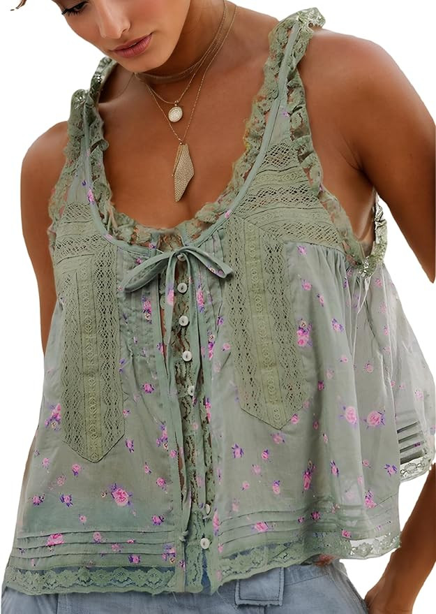 Women Summer Boho Tie Front Tops Lace Beach Button Down Tank Top Sleeveless Mesh Chiffon Crop Top... | Amazon (US)