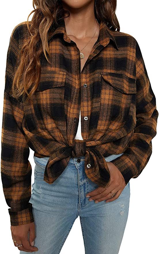 Blooming Jelly Women's Button Down Flannel Shirts Plaid Shacket Long Sleeve Collared Business Cas... | Amazon (US)